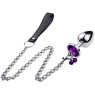 Анальна пробка з кристалом, дзвіночком та поводком Silver Purple, розмір S