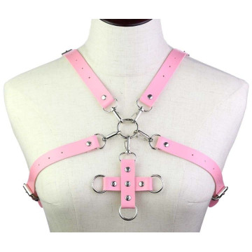Портупея зі штучної шкіри з фіксатором Women's PU Leather Chest Harness Caged Bra PINK
