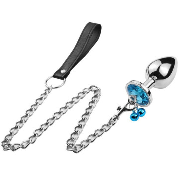 Анальна пробка з кристалом, дзвіночком та поводком Silver Blue, розмір M