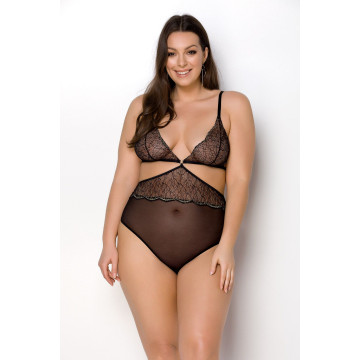Боді Passion AMBERLY BODY 6XL/7XL black, асиметричний крій, мереживний ліф, золота нитка