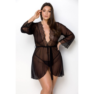 Пеньюар Passion AMBERLY PEIGNOIR black 6XL/7XL, пояс у комплекті