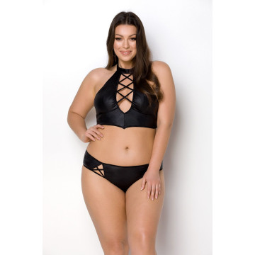 Комплект з екошкіри Passion NANACY BIKINI 6XL/7XL black, бра та трусики з імітацією шнурівки
