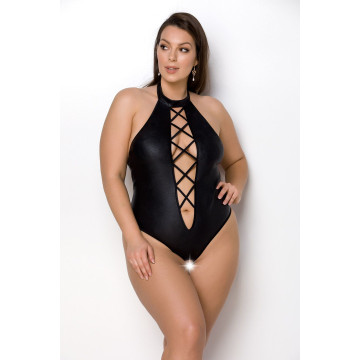 Боді з екошкіри Passion NANCY BODY 6XL/7XL black, з імітацією шнурівки та відкритим доступом