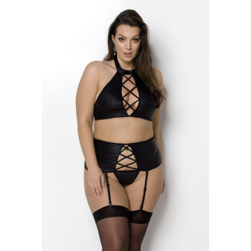 Комплект з екошкіри Passion NANCY SET 6XL/7XL black, імітація шнурівки, топ, пояс для панчіх