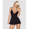 Сатиновий пеньюар з мереживом Obsessive 810-BAB-1 babydoll & thong L/XL, чорний, пеньюар, танга