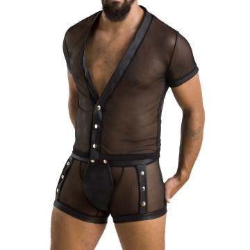 Комплект сітчастої чоловічої білизни Passion 052 SET MICHAEL L/XL black, сорочка, боксери, заклепки