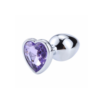Металева анальна пробка, Silver Heart Light Purple, розмір S