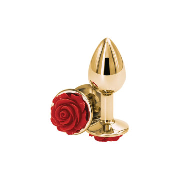 Металева анальна пробка Gold Metal Plug Red Rose, діаметр 2,8 см, довжина 7 см, розмір S