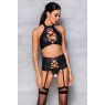 Комплект з еко-шкіри з імітацією шнурівки Passion NANCY SET L/XL black топ, трусики, пояс для панчіх