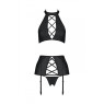 Комплект з еко-шкіри з імітацією шнурівки Passion NANCY SET L/XL black топ, трусики, пояс для панчіх