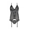 Корсет із пажами, трусики з ажурним декором та відкритим кроком Passion URSULA CORSET S/M, black