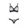 Комплект з екошкіри Passion CELINE BIKINI 4XL/5XL black, відкритий бра, стрінги зі шнурівкою