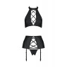 Комплект з екошкіри Passion NANCY SET 4XL/5XL black, імітація шнурівки, топ, пояс для панчіх