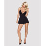 Сатиновий пеньюар з мереживом Obsessive 810-BAB-1 babydoll & thong S/M, чорний, пеньюар, танга