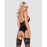 Сатиновий мереживний корсет Obsessive 810-COR-1 babydoll & thong S/M, чорний, корсет, танга
