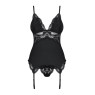 Сатиновий мереживний корсет Obsessive 810-COR-1 babydoll & thong S/M, чорний, корсет, танга