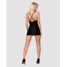 Сатиновий комплект для сну з мереживом Obsessive 828-CHE-1 chemise & thong S/M, чорний, сорочка, стр