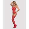 Бодістокінг Obsessive Bodystocking F214 red S/M/L, імітація корсета та панчіх на підв’язках
