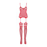 Бодістокінг Obsessive Bodystocking F214 red S/M/L, імітація корсета та панчіх на підв’язках