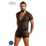 Комплект сітчастої чоловічої білизни Passion 052 SET MICHAEL S/M black, сорочка, боксери, заклепки