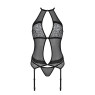 Корсет з пажами Passion SATARA CORSET XXL/XXXL black, стрінги, мереживо, застібки спереду та ззаду